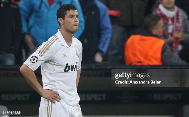 Cristiano Ronaldo of Real Madrid reacts after his team's loss of the UEFA Champoins League Semi Final first leg match between FC Bayern Muenchen and...