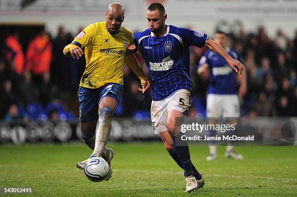 Damien Delaney of Ipswich Town battles with Marlon King of Birmingham City during the npower Championship match between Ipswich Town and Birmingham...