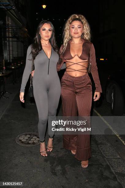 Paige Thorne and Antigoni Buxton seen attending PrettyLittleThing x Gemma Owen dinner at Isabel on October 03, 2022 in London, England.