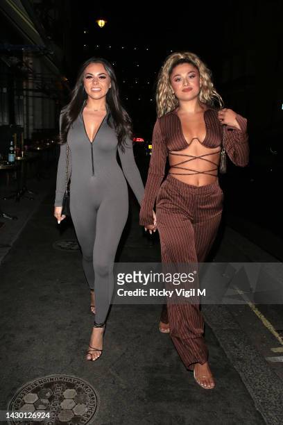 Paige Thorne and Antigoni Buxton seen attending PrettyLittleThing x Gemma Owen dinner at Isabel on October 03, 2022 in London, England.
