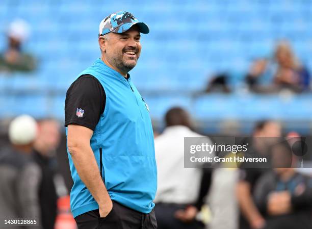 Head coach Matt Rhule of the Carolina Panthers watches his team warm up during their game against the Arizona Cardinals at Bank of America Stadium on...