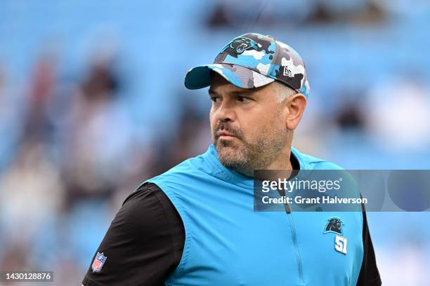 Head coach Matt Rhule of the Carolina Panthers watches his team warm up during their game against the Arizona Cardinals at Bank of America Stadium on...