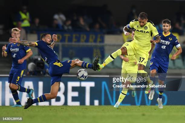Federico Ceccherini of Hellas Verona competes for the ball with Roberto Pereyra of Udinese Calcio during the Serie A match between Hellas Verona and...