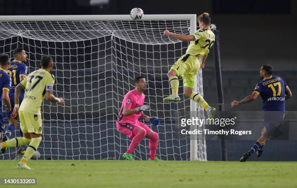 Jaka Bijol of Udinese Calcio heads the match winning goal during the Serie A match between Hellas Verona and Udinese Calcio at Stadio Marcantonio...