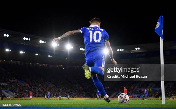 James Maddison of Leicester City takes a corner during the Premier League match between Leicester City and Nottingham Forest at The King Power...