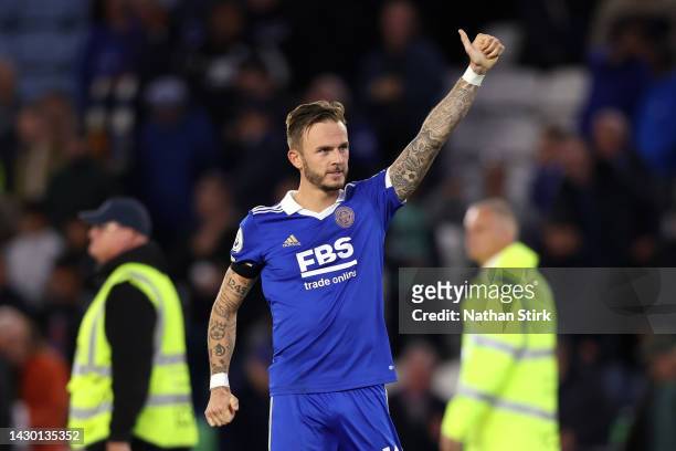 James Maddison of Leicester City celebrates after victory in the Premier League match between Leicester City and Nottingham Forest at The King Power...
