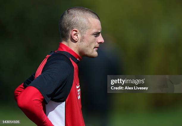 Jamie Vardy of Fleetwood Town looks on during a training session held at Woodlands Memorial Ground on April 17, 2012 in Lytham St Annes, England.