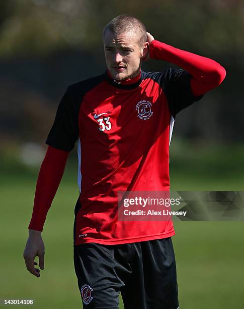 Jamie Vardy of Fleetwood Town looks on during a training session held at Woodlands Memorial Ground on April 17, 2012 in Lytham St Annes, England.