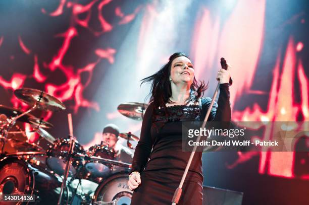Anette Olzon and Jukka Nevalainen of Nightwish perform at Palais Omnisports de Bercy on April 17, 2012 in Paris, France.