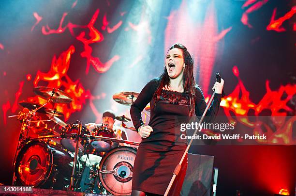 Anette Olzon and Jukka Nevalainen of Nightwish perform at Palais Omnisports de Bercy on April 17, 2012 in Paris, France.