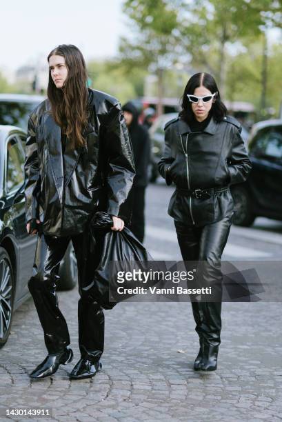 Eliza Douglas and Anne Imhof pose wearing Balenciaga after the Yeezy Season 9 show during Paris Fashion Week - Womenswear Spring/Summer 2023 on...