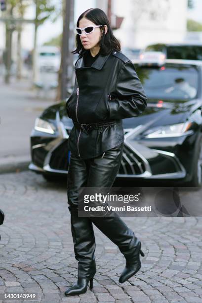 Anne Imhof poses wearing Balenciaga after the Yeezy Season 9 show during Paris Fashion Week - Womenswear Spring/Summer 2023 on October 03, 2022 in...