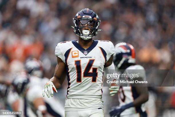 Courtland Sutton of the Denver Broncos looks on during an NFL football game between the Las Vegas Raiders and the Denver Broncos at Allegiant Stadium...