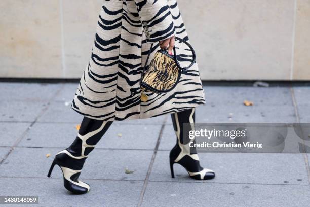 Anna dello Russo wears coat with zebra print, boots, animal print bag outside Stella McCartney during Paris Fashion Week - Womenswear Spring/Summer...