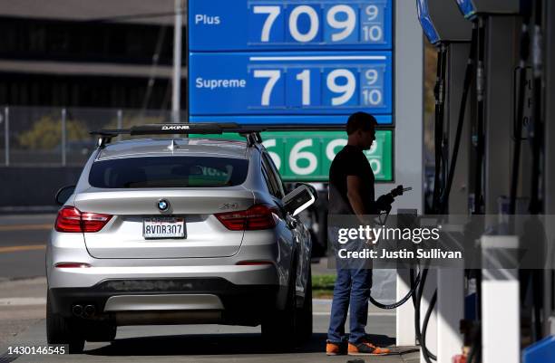 Gas prices over $7.00 a gallon are displayed at a Chevron gas station on October 03, 2022 in Mill Valley, California. Gas prices continue to surge in...