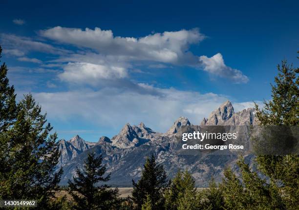 The dramatic Grand Teton Mountain Range is viewed from the Snake River Overlook on October 1 at Jackson Lake, Wyoming. Grand Teton National Park is...
