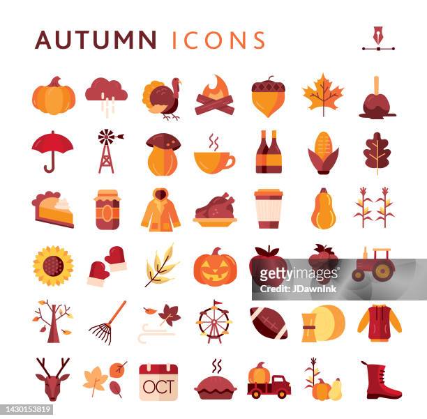 herbst, thanksgiving, herbst, erntezeit buntes icon-set - jack o lantern stock-grafiken, -clipart, -cartoons und -symbole
