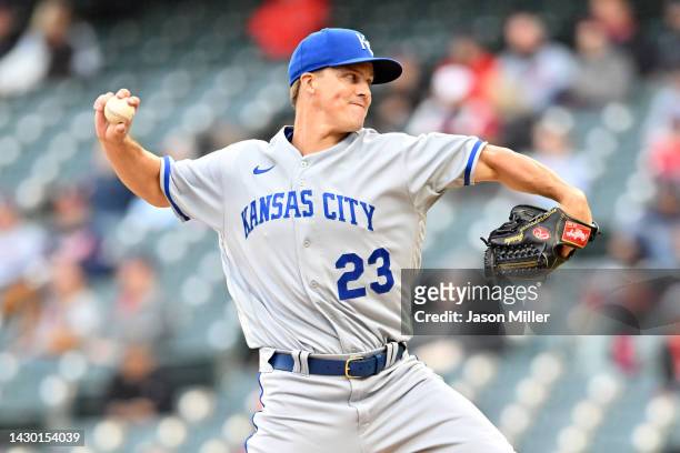 Starting pitcher Zack Greinke of the Kansas City Royals pitches during the first inning against the Cleveland Guardians at Progressive Field on...