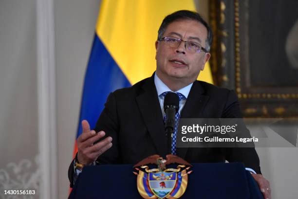 Colombian President Gustavo Petro speaks during a joint press conference with U.S. Secretary of State Antony Blinken after a meeting as part of the...