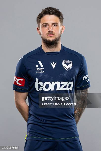 Jake Brimmer of the Victory poses during the Melbourne Victory 2022-23 A-League men's headshots session at Ultra Football on October 01, 2022 in...