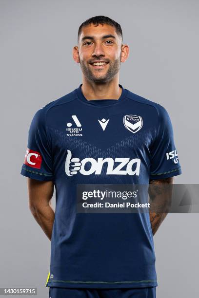 George Timotheou of the Victory poses during the Melbourne Victory 2022-23 A-League men's headshots session at Ultra Football on October 01, 2022 in...