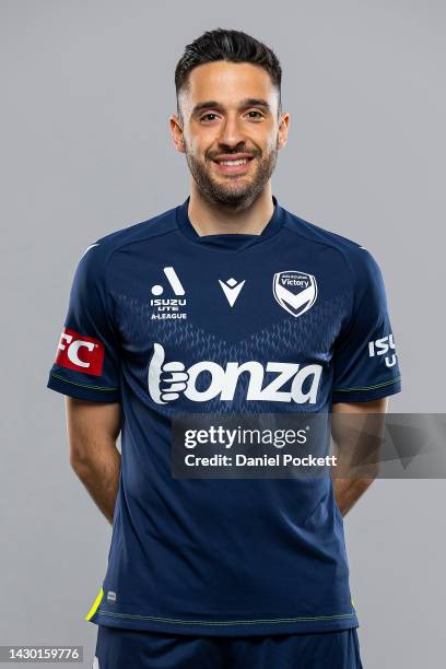 Stefan Nigro of the Victory poses during the Melbourne Victory 2022-23 A-League men's headshots session at Ultra Football on October 01, 2022 in...