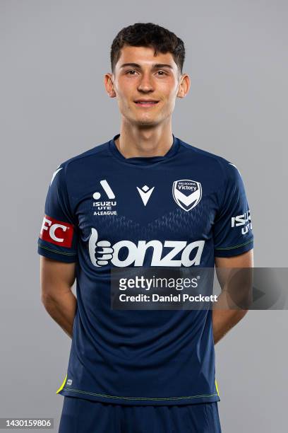 Lleyton Brooks of the Victory poses during the Melbourne Victory 2022-23 A-League men's headshots session at Ultra Football on October 01, 2022 in...