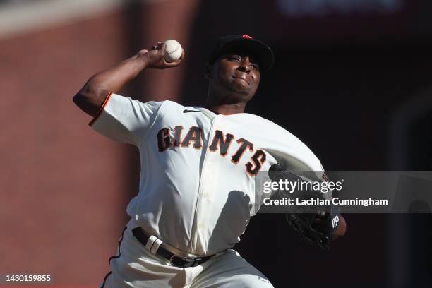 Jharel Cotton of the San Francisco Giants pitches against the Arizona Diamondbacks at Oracle Park on October 02, 2022 in San Francisco, California.