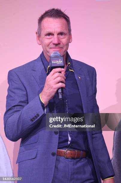 Award presenter Stuart Pearce on stage at the Legends of Football 2022 at the JW Marriott Grosvenor House Hotel on October 3, 2022 in London, England.