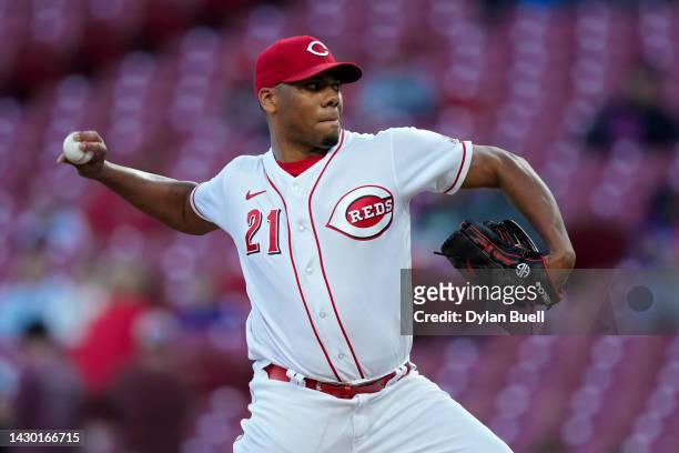 Hunter Greene of the Cincinnati Reds pitches in the first inning against the Chicago Cubs at Great American Ball Park on October 03, 2022 in...