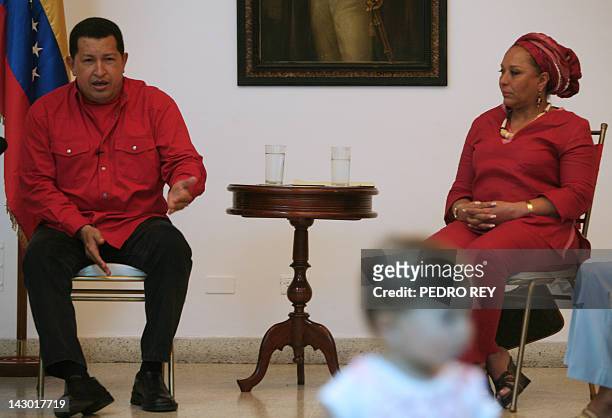 Venezuelan president Hugo Chavez and Colombian senator Piedad Cordoba meet the family members of FARC hostages Gloria Polanco, Orlando Beltran and...