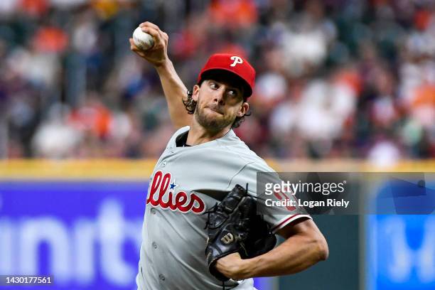 Aaron Nola of the Philadelphia Phillies pitches in the first inning against the Houston Astros at Minute Maid Park on October 03, 2022 in Houston,...