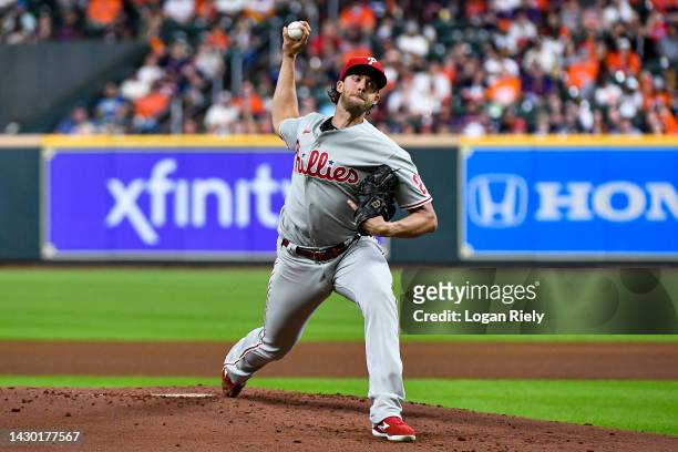 Aaron Nola of the Philadelphia Phillies pitches in the first inning against the Houston Astros at Minute Maid Park on October 03, 2022 in Houston,...