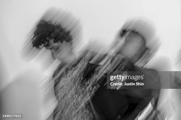 Model poses backstage prior to the Germanier Womenswear Spring/Summer 2023 show as part of Paris Fashion Week on October 03, 2022 in Paris, France.