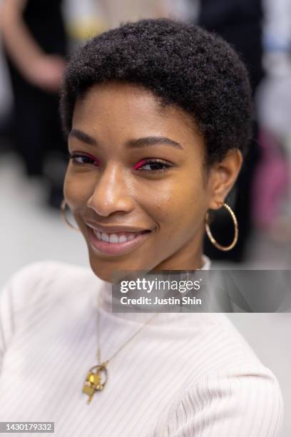 Model poses backstage prior to the Germanier Womenswear Spring/Summer 2023 show as part of Paris Fashion Week on October 03, 2022 in Paris, France.