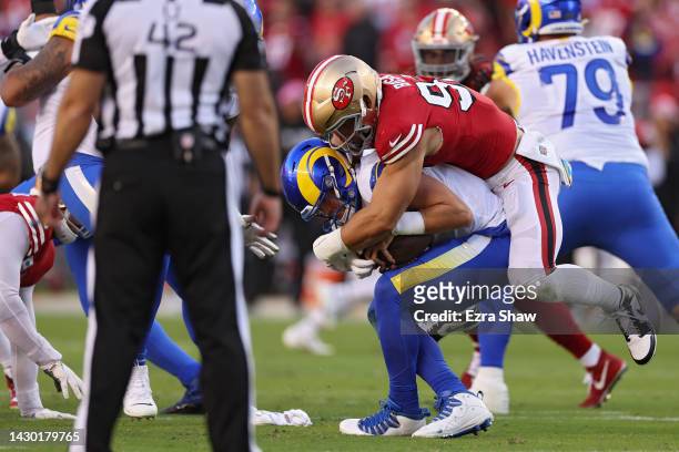 Defensive end Nick Bosa of the San Francisco 49ers sacks quarterback Matthew Stafford of the Los Angeles Rams during the first quarter at Levi's...
