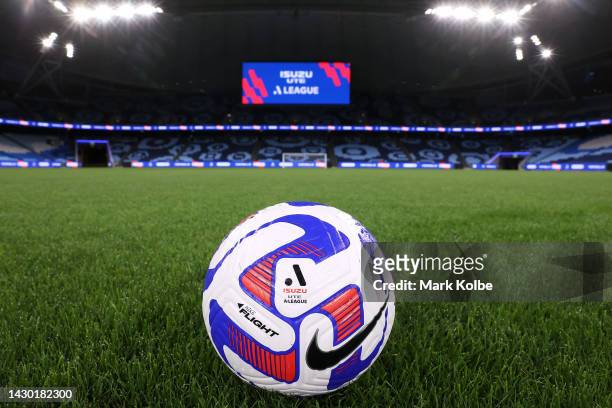General view of a ball on the pitch and A-League signage on the big screen is seen during an A-Leagues Sunrise media opportunity at Allianz Stadium...