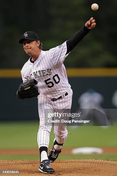 Starting pitcher Jamie Moyer of the Colorado Rockies delivers against the San Diego Padres at Coors Field on April 17, 2012 in Denver, Colorado.