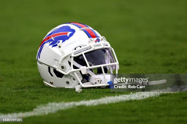 Detail of a Buffalo Bills helmet during warm ups against the Baltimore Ravens at M&T Bank Stadium on October 02, 2022 in Baltimore, Maryland.