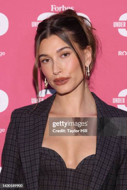 Hailey Bieber attends the 2022 Forbes 30 Under 30 Summit at Detroit Opera House on October 03, 2022 in Detroit, Michigan.