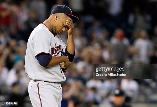 Francisco Liriano of the Minnesota Twins reacts during the game against the New York Yankees at Yankee Stadium on April 17, 2012 in the Bronx borough...