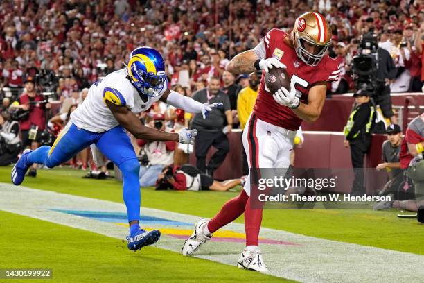 Tight end George Kittle of the San Francisco 49ers cannot make a catch for a touchdown as he steps out of bounds against the Los Angeles Rams during...