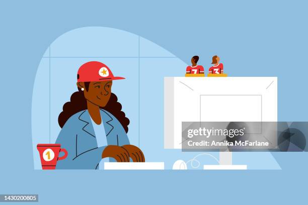 black woman sports fan shows passion at work place for team - african soccer fans stock illustrations