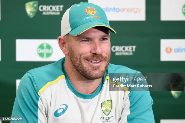 Aaron Finch of Australia speaks during a press conference ahead of game one of the T20 International series between Australia and the West Indies at...