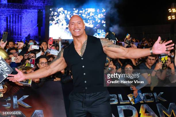 Dwayne Johnson poses during the black carpet for the 'Black Adam Fan Event' at Museo Anahuacalli on October 03, 2022 in Mexico City, Mexico.