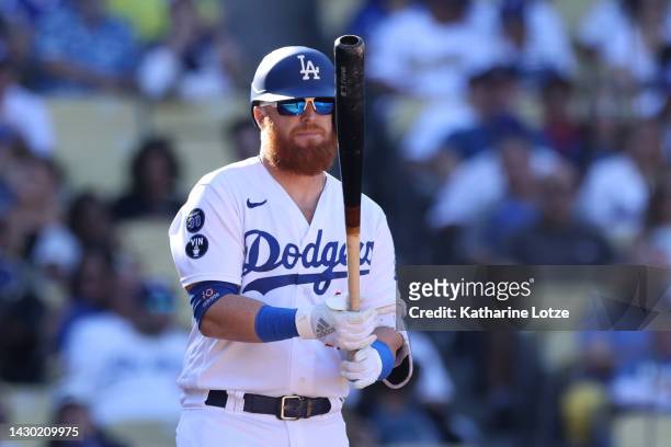 Justin Turner of the Los Angeles Dodgers looks on during a game against the Colorado Rockies at Dodger Stadium on October 02, 2022 in Los Angeles,...