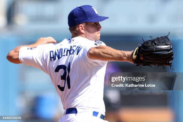 Tyler Anderson of the Los Angeles Dodgers throws a pitch in the first inning against the Colorado Rockies at Dodger Stadium on October 02, 2022 in...