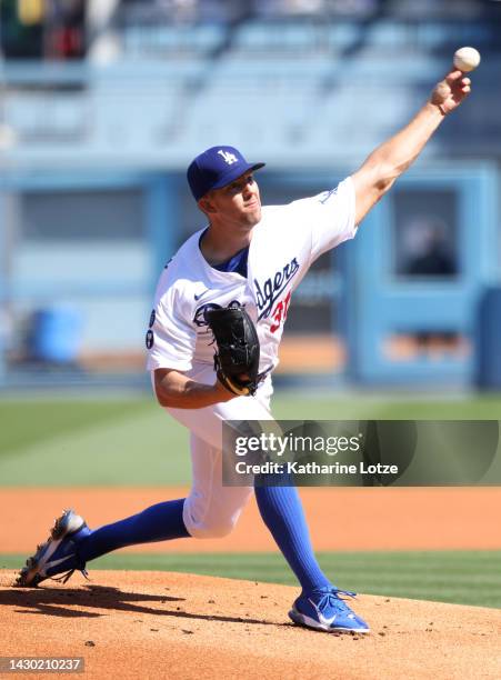 Tyler Anderson of the Los Angeles Dodgers throws a pitch in the first inning against the Colorado Rockies at Dodger Stadium on October 02, 2022 in...