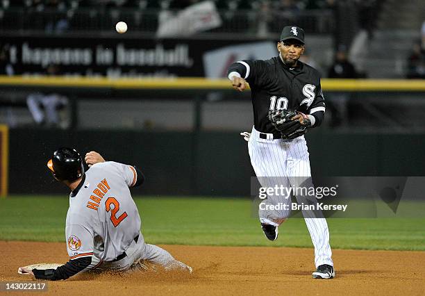 Shortstop Alexei Ramirez of the Chicago White Sox throws to first base to complete a double play on a ground ball hit by Nick Markakis of the...