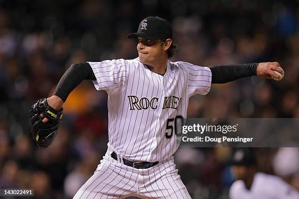 Starting pitcher Jamie Moyer of the Colorado Rockies delivers against the San Diego Padres at Coors Field on April 17, 2012 in Denver, Colorado....